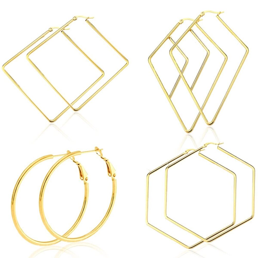 4 Pairs Stainless Steel Geometric Hexagon Round Square Thin Hoop Earrings for